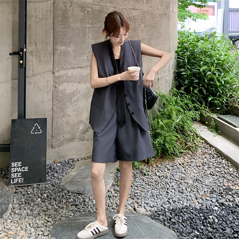 韩系无袖飘带马甲高腰短裤套装女2025夏季新款休闲阔腿裤两件套,女装套装/套裙,2C255