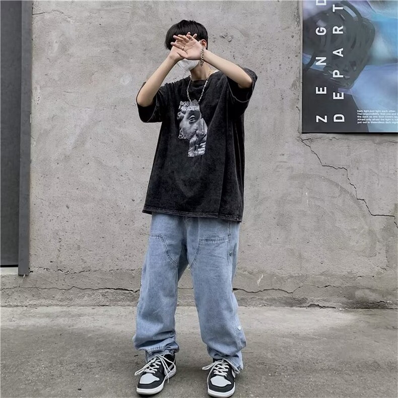美式T恤男韩版潮印花水洗做旧2023夏季新款ins宽松体恤ST175-P33,男装T恤,星座412-3