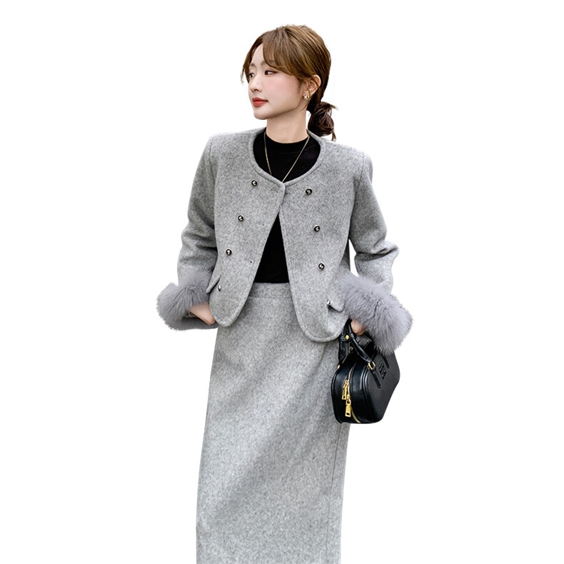 有货【新品】时尚减龄小香风羽绒服袖口真毛663#-P295-K398,女装套装/套裙,2C317