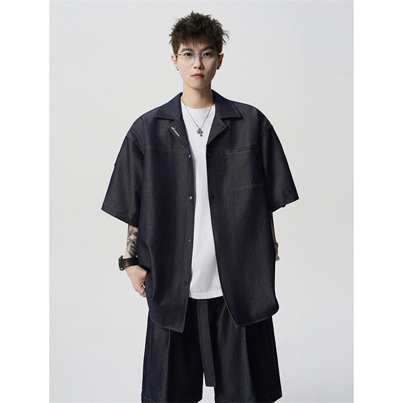 8XL-M夏季简约高级感冰丝牛仔古巴领男休闲痞帅宽松套装潮TZ109,男装休闲套装,电商D206-1