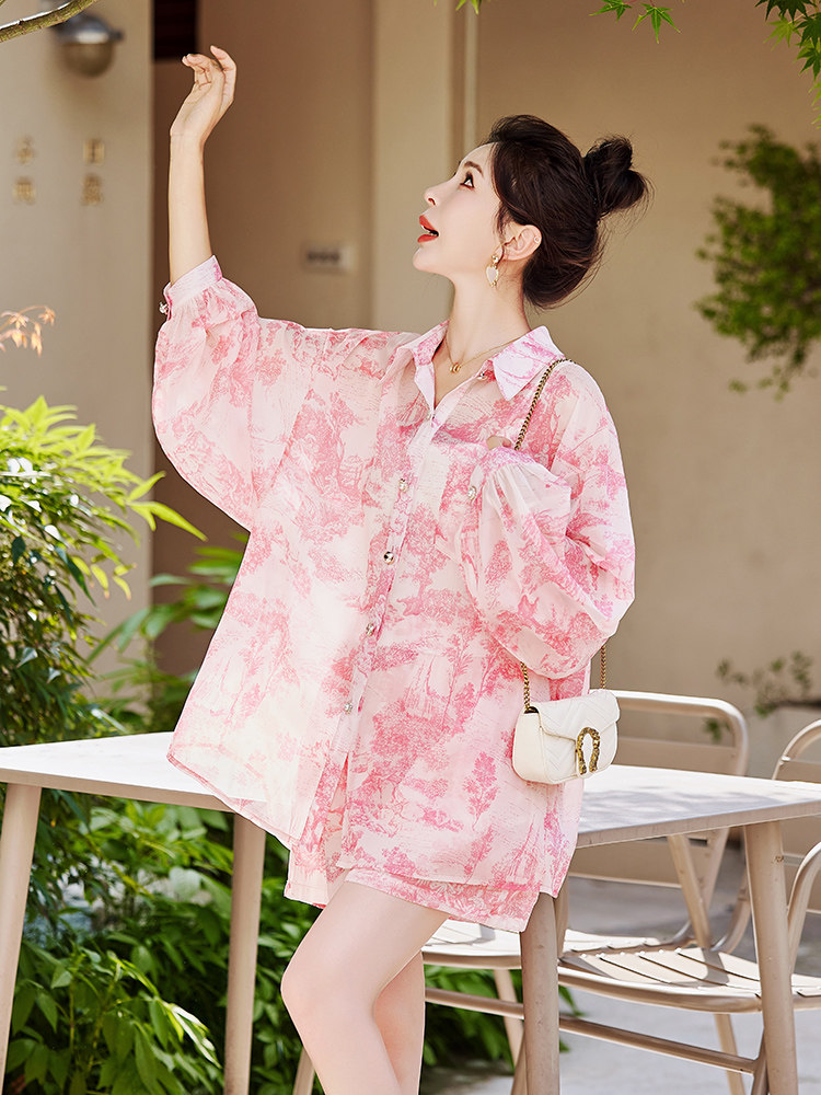 青花瓷衬衫短裤套装女新款夏季小个子欧货新中式休闲防晒两件套,女装套装/套裙,韩美纤衣