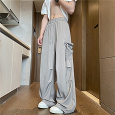 抖音品质夏季新款美式高街飘带宽松冰丝裤B315-K25592-特p35控68，男装休闲裤，电商B315