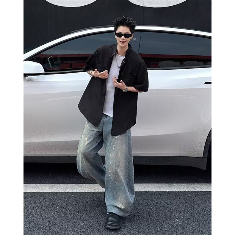 夏季时尚潮流百搭衬衫小立领设计感休闲宽松金属装饰男式短袖衬衣,男装衬衫,星座601-2