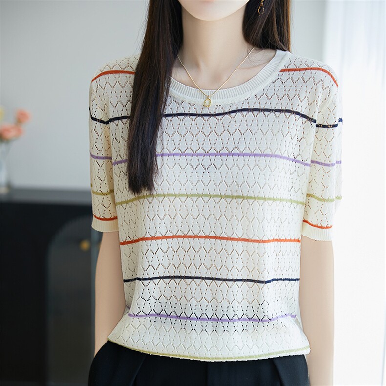 法式条纹冰丝针织短袖T恤女2025夏镂空透气宽松显瘦上衣t恤小衫，女装针织衫/毛衣，郡淞羊绒