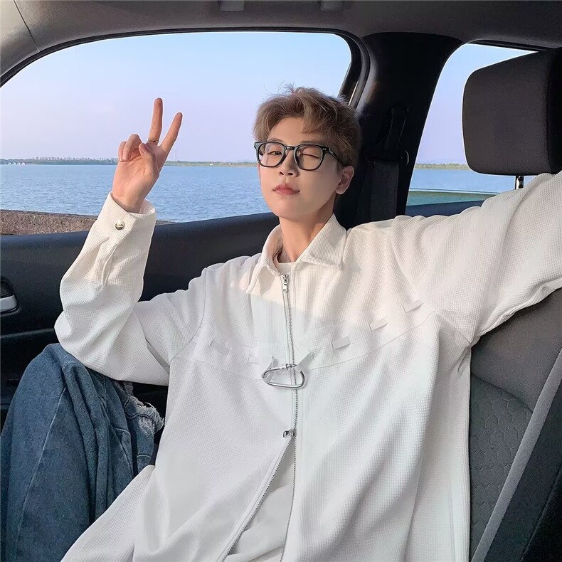 C246-P38小众高级设计感拉链衬衫男宽松韩版休闲百搭长袖衬衣，男装衬衫，电商B323A