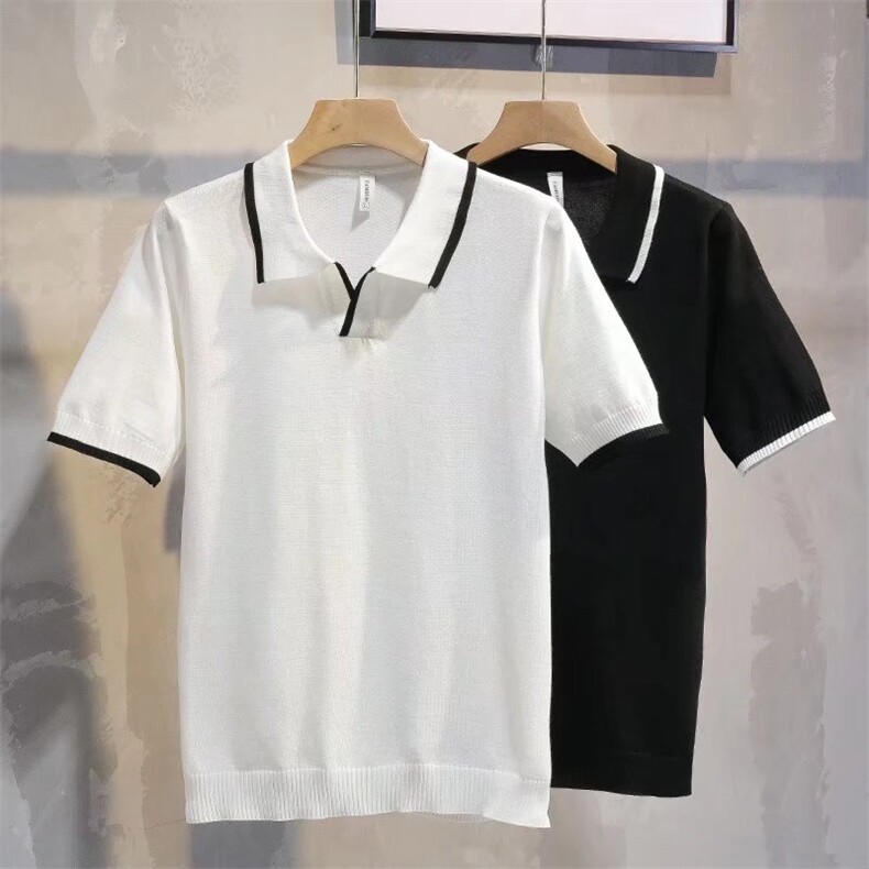 八字领透气针织polo衫男 夏季时尚拼色条纹翻领t恤男短袖3372-P40图片