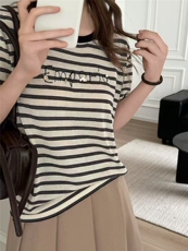 2025新款女士夏季简约百搭时尚舒适圆领条纹短袖，女装T恤，斯尔特羊绒