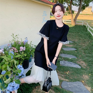 蕾丝拼接短袖T恤连衣裙女2025夏季新款高级感宽松气质显瘦鱼尾裙图片
