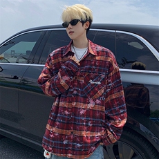 衬衫男春季新款港风宽松大码格子扎染刺绣长袖衬衣CS3016-P38，男装衬衫，星座214-3