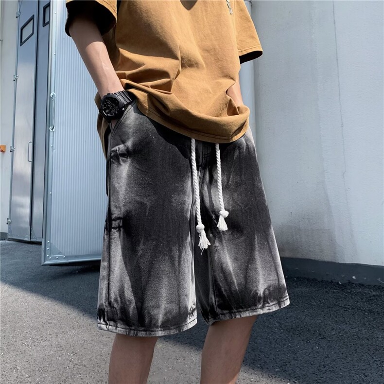 vibe高街复古做旧蓝五分中裤男女夏季设计感小众宽松阔腿牛仔短裤,男装牛仔裤,星座1210-1