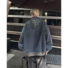 美式复古街头假两件格子连帽卫衣男秋季宽松开衫链接外套C75/P68，女装短外套，星座506