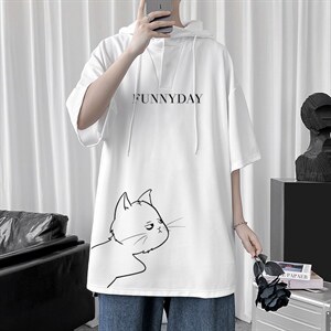 LD54149-P45 连帽短袖t恤男大码胖子带帽五分袖中袖图片