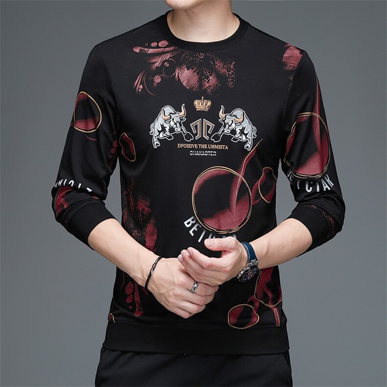 长袖男士2023新款圆领卫衣春秋季纯棉中年男印花打底衫上衣服潮,男装卫衣,电商B212（原钱塘6029）