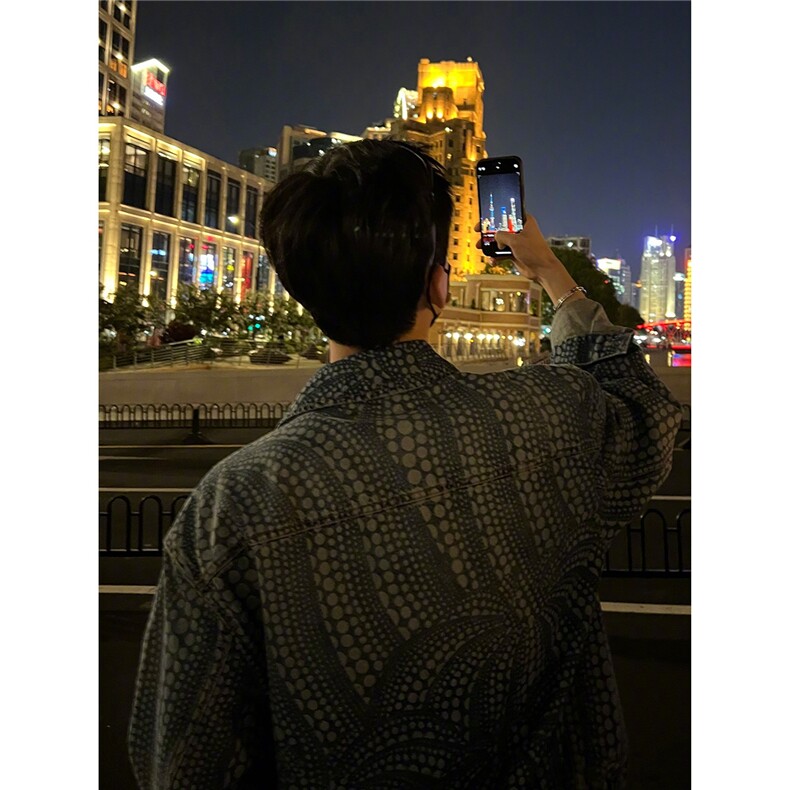 白敬亭同款春秋牛仔外套南瓜图案波点高级夹克男女拉链宽松休闲潮,男装工装外套,星座506A