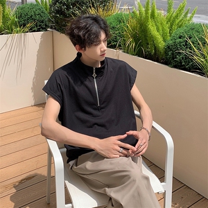 现货 夏季薄款宽松宽肩无袖立领运动坎肩背心纯色拉链t恤BX08-P35图片