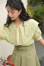 手工钉珠花朵领衬衫套装，女装衬衫，GN