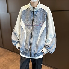 美式高街牛仔外套男女韩版潮流帅宽松拼色2024秋冬外套W6075-P91，男装工装外套，星座412-3