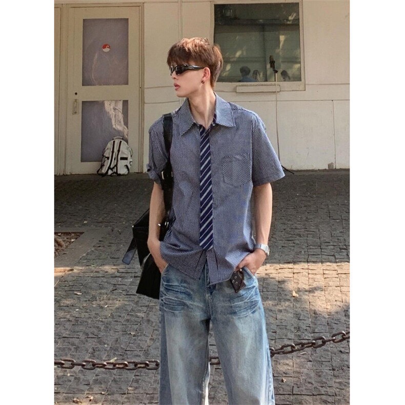 【有货】2270CC-特P36 带领带格子短袖衬衫男女夏季图片