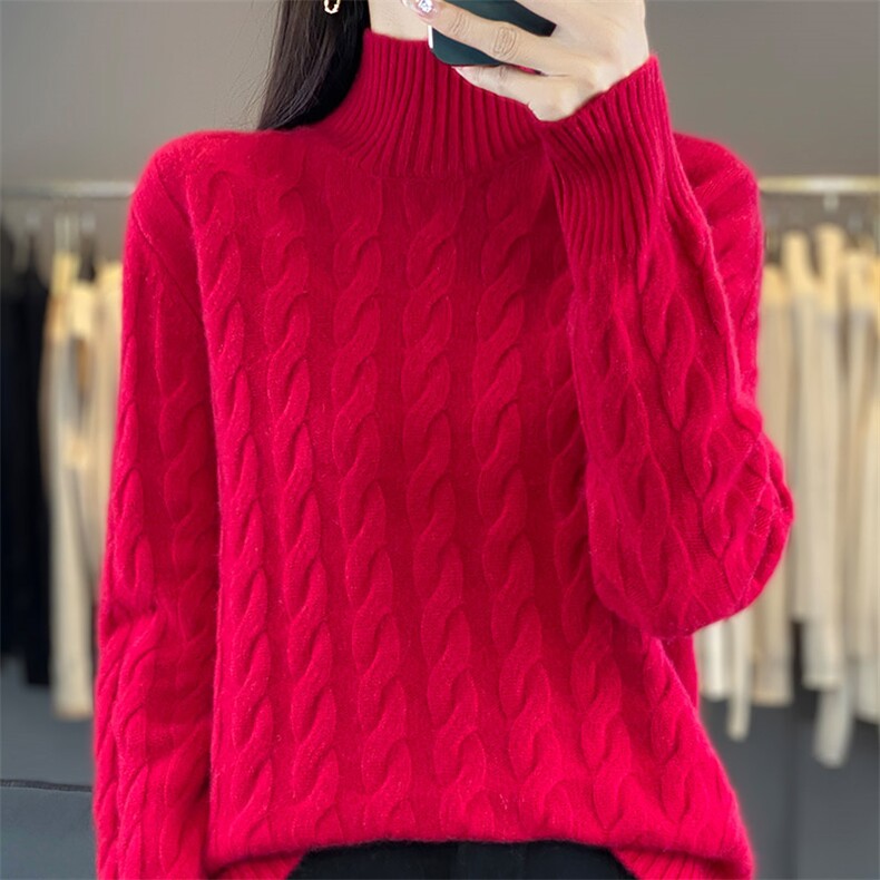 秋冬季羊毛休闲气质通勤高领大麻花复古羊毛衫，女装羊毛衫，鸿陌羊绒