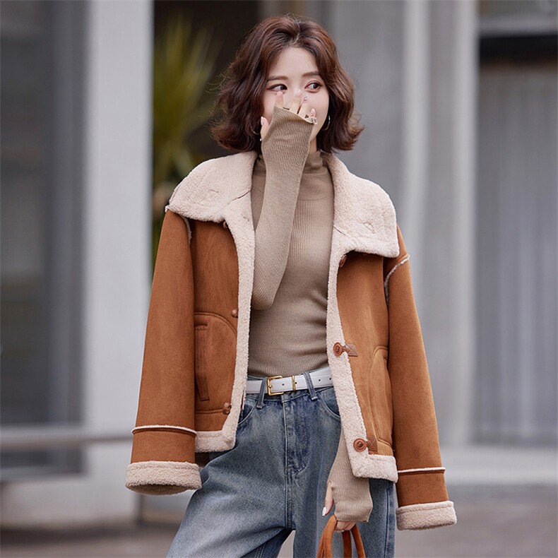 时尚休闲皮毛一体羊羔毛外套女2025冬新款韩系立领短款鹿皮绒棉服,女装短外套,慧尚依恋