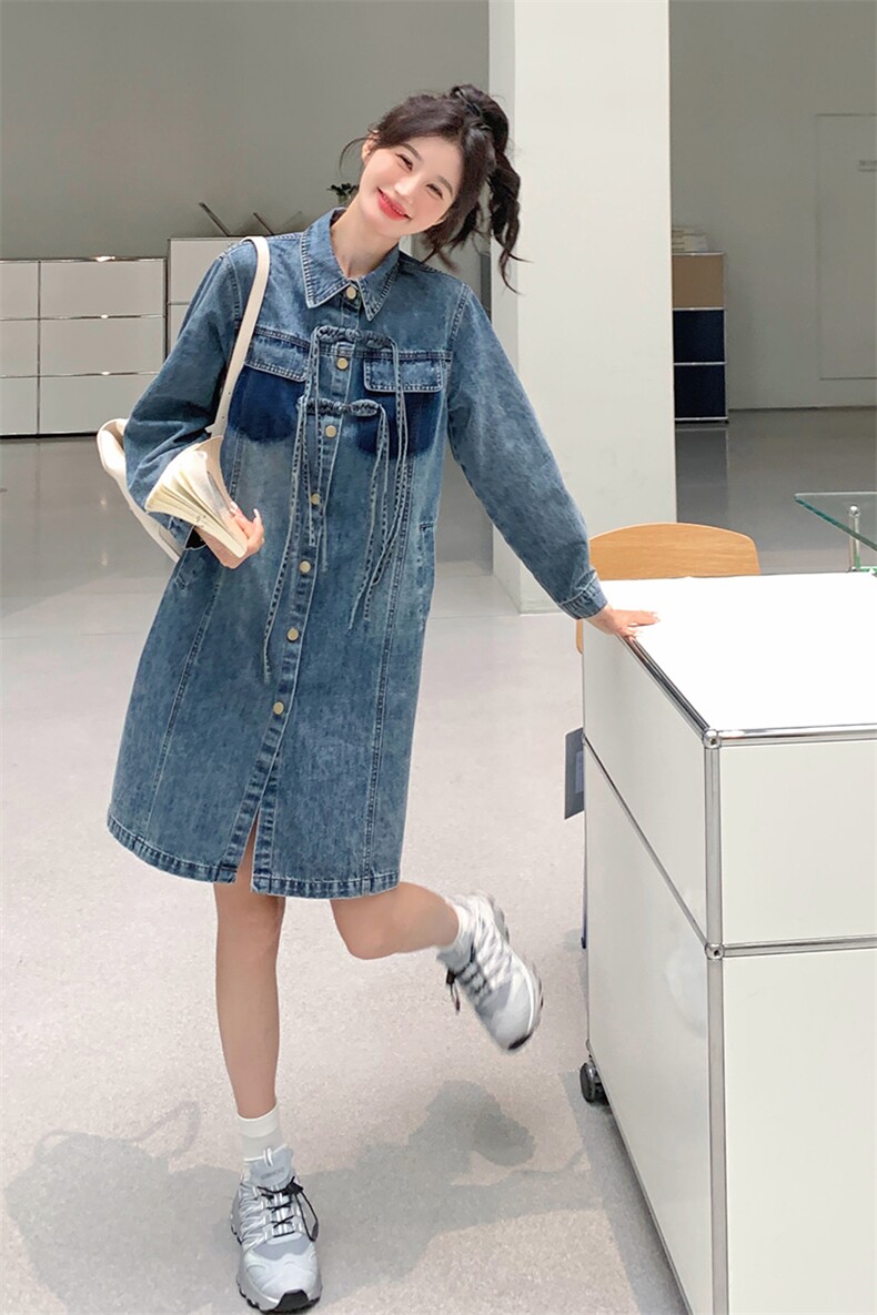 新中式牛仔连衣裙女2024春秋新款高端复古百搭衬衫裙,女装连衣裙,点滴