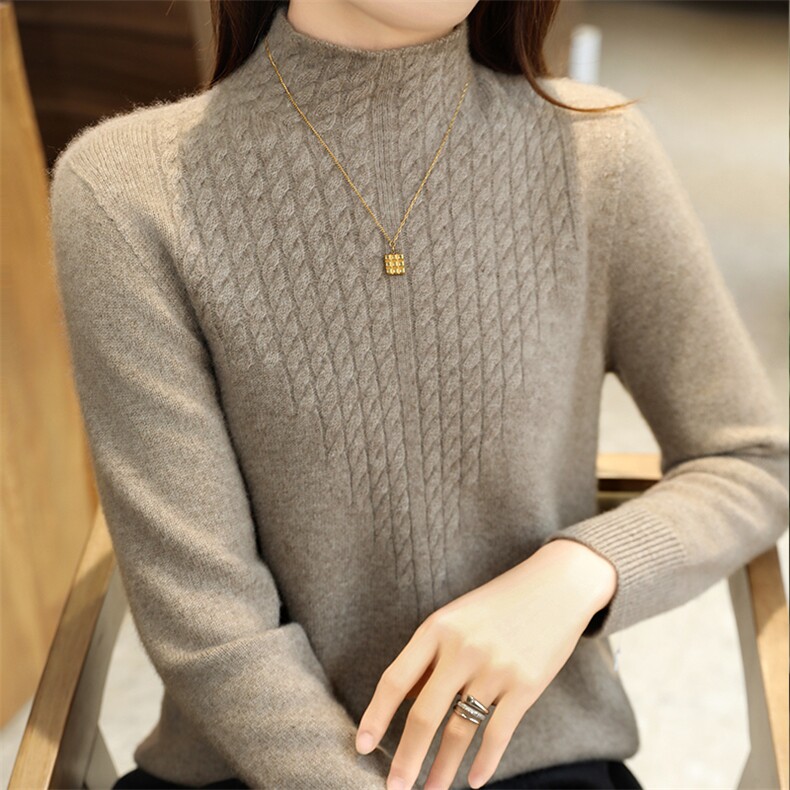 高端软糯加厚花纱半高领山羊绒衫女秋冬款羊绒毛衣宽松针织打底衫,女装羊毛衫,暮绒羊羊绒