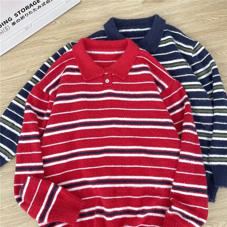 复古条纹撞色polo领毛衣男秋冬慵懒感休闲宽松针织衫MY05828-P58,男装针织衫/毛衣,星座308B-2