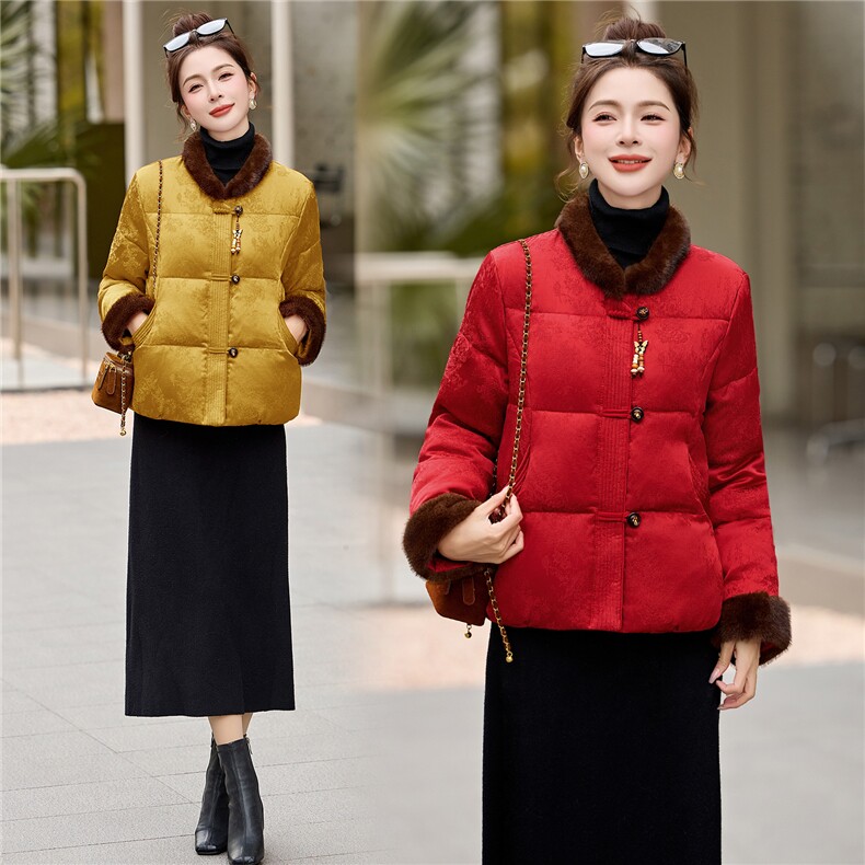 现货！现货！现货！2025年冬季人丝提花新中式白鸭绒羽绒服,女装羽绒服,衣之秀