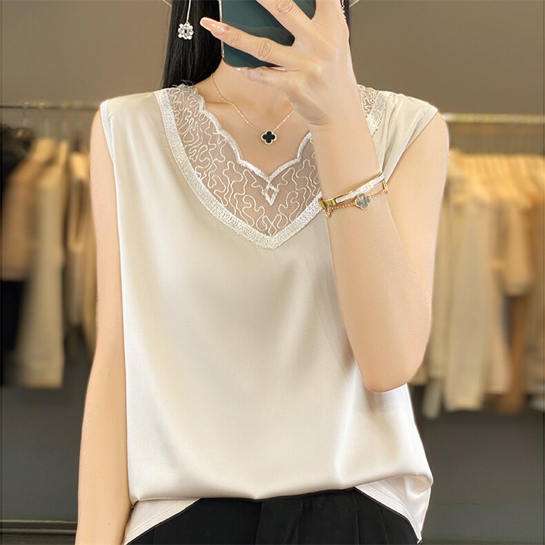 真丝缎面蕾丝吊带背心女春夏季2024新款西装内搭打底衫桑蚕丝上衣，女装背心吊带，朝贺羊绒