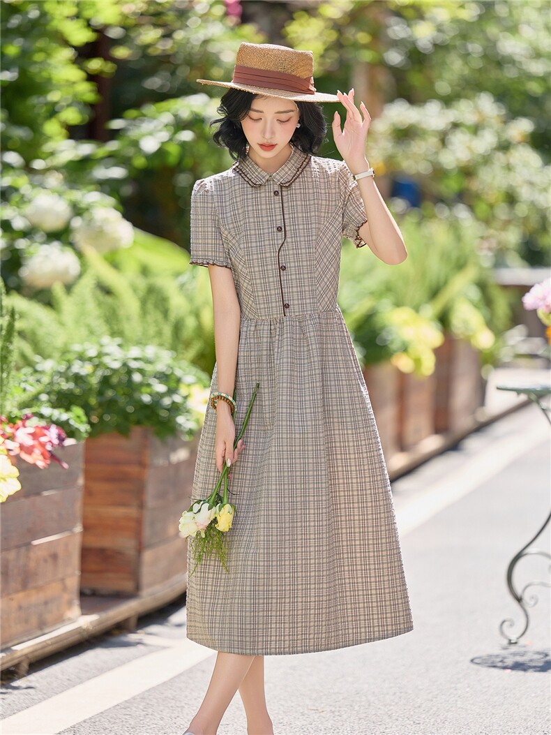 学院风格纹连衣裙女春夏收腰显瘦中长裙格子裙子,女装连衣裙,水衣源
