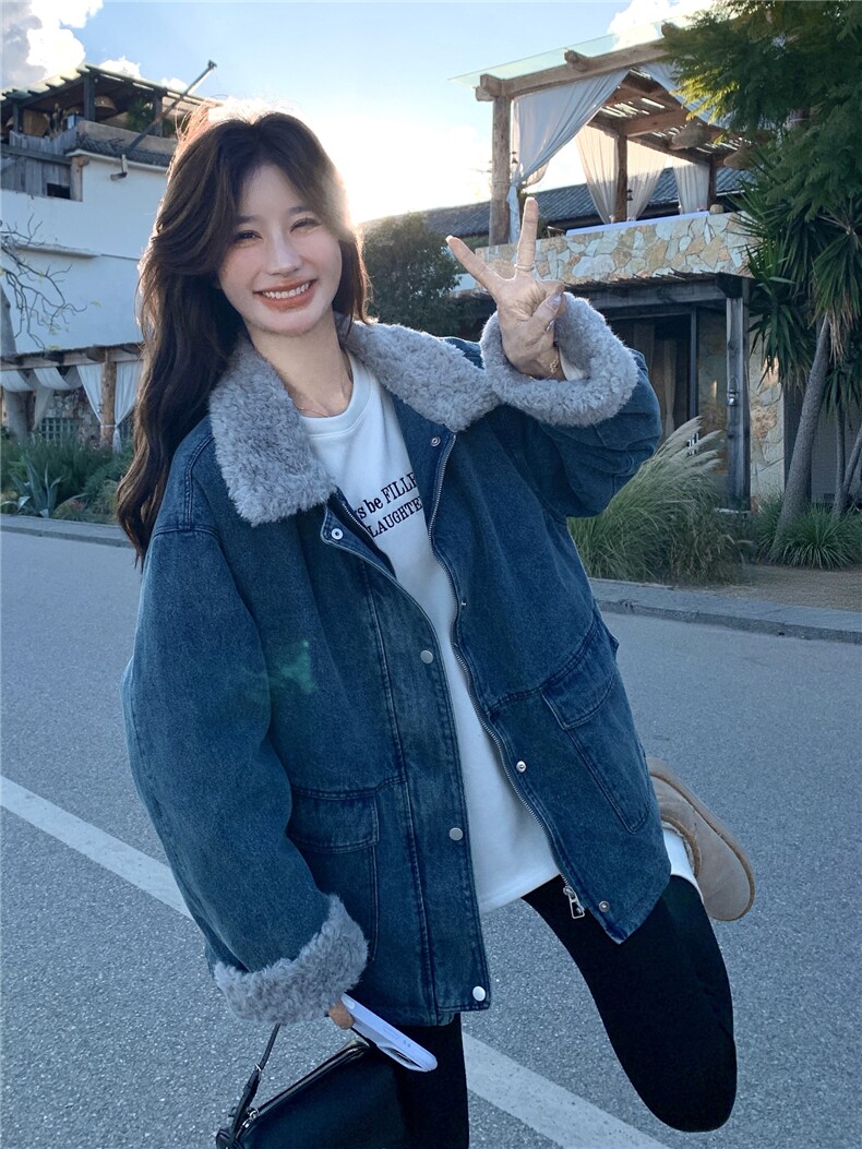 美式蓝色羊羔毛领牛仔外套女2025冬季新款高级感休闲宽松夹克上衣,女装羽绒服,艾米莉亚