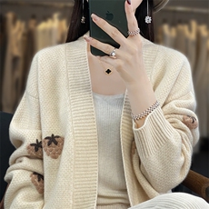 秋冬V领拼色中长款100%纯羊毛开衫女加厚外套甜美草莓羊绒衫上衣，女装羊毛衫，北娇羊绒