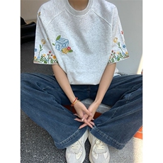 美式高街复古花卉刺绣短袖t恤夏季宽松学院风运动情侣半袖上衣，男装T恤，星座601-1