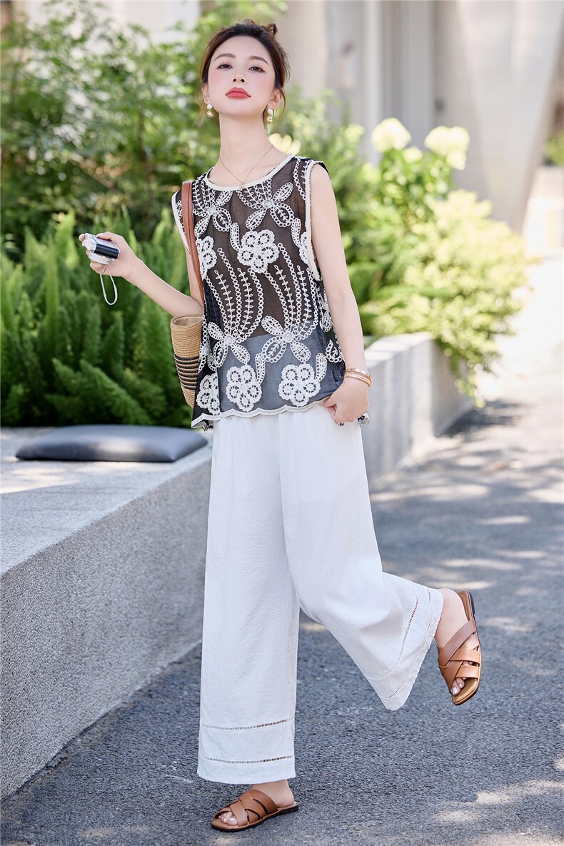 2026夏装新款时尚无袖钩花宽松两件套,女装套装/套裙,曼琳思菲
