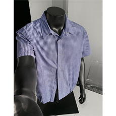 假模图蓝色格纹抽绳短袖衬衫cleanfit短款上衣男H1095特P45，男装T恤，电商A341