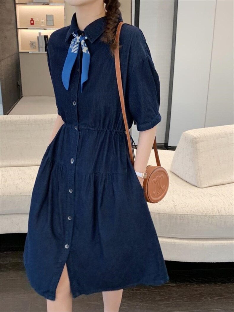 牛仔配丝巾连衣裙，女装连衣裙，肆尔