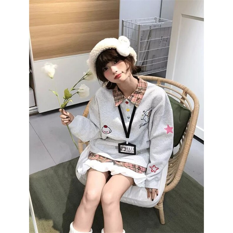 5435-P58重工刺绣美式复古假两件刺绣polo领卫衣薄款,女装卫衣/绒衫,星座617A-2
