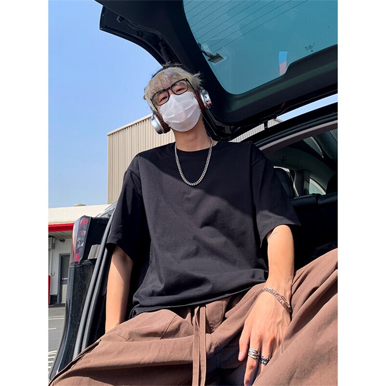 美式高街短袖t恤男生夏季薄款基础款情侣潮牌宽松大码五分袖上衣,男装T恤,电商A007