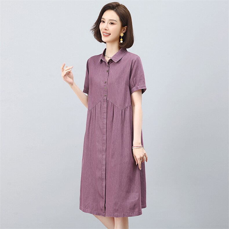 中年妈妈薄款纯棉牛仔连衣裙女2025夏季新款宽松休闲减龄衬衫裙子,女装连衣裙,韩派