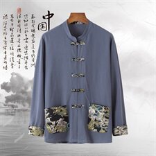 T78*中国风男士棉麻龙纹绣花唐装麻料长袖衬衫练功服藏青*P65，男装衬衫，星座1516（原B303）