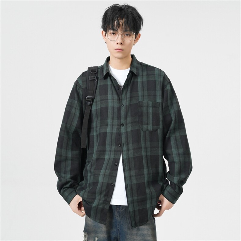 25年春季格子长袖衬衫得物二开衬衣宽松现货DS-C323-1-2338-T批30,男装衬衫,电商C323-1