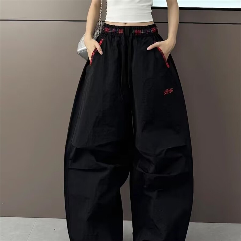 时尚撞色格子腰头刺绣字母抽绳阔腿裤男女夏季休闲长裤MKK29P47,男装休闲裤,星座1013-5