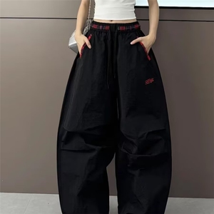 时尚撞色格子腰头刺绣字母抽绳阔腿裤男女夏季休闲长裤MKK29 P47图片