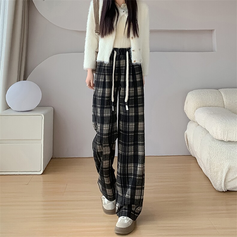 撞色呢子加绒格子西装裤女秋冬拖地直筒裤高腰垂感毛呢阔腿裤子,女装休闲裤,云美莎专业女裤-全店现货