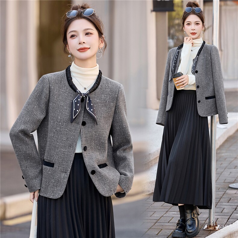 独特漂亮蝴蝶结系带毛呢外套女2025秋冬新款气质百搭显瘦短款上衣图片