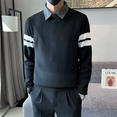 假两件毛衣男潮衬衫领内搭打底衫秋冬季男士修身翻领针织衫S583，男装针织衫/毛衣，星座1116A-2（原606A-1）