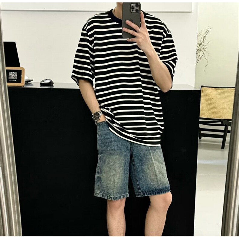 抖音直播现货条纹短袖男T恤宽松半截袖情侣装T2510-P35,男装T恤,星座1212