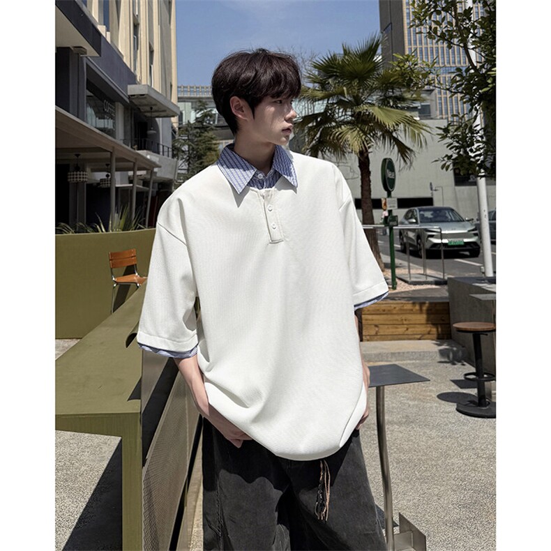 8XL-M假两件衬衫领短袖T恤大码夏季条纹拼接polo衫半袖DX1211/P45，男装Polo衫，电商B238