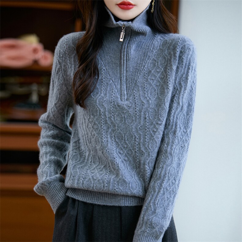 女士七针加厚半拉链2025年秋季,女装羊毛衫,昭美羊绒