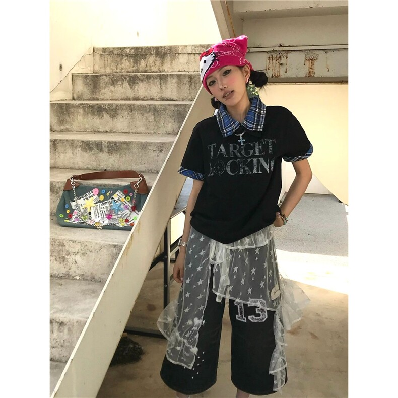 日系设计拼接格子polo领口假两件男女美式印花潮牌T恤,男装T恤,星座1210-1